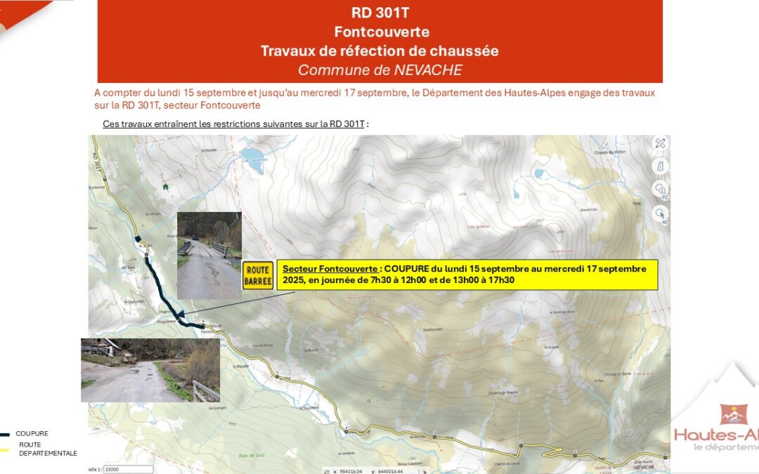 Travaux route de la Haute Vallée (RD 301T) 15>17 septembre – Secteur Fontcouverte